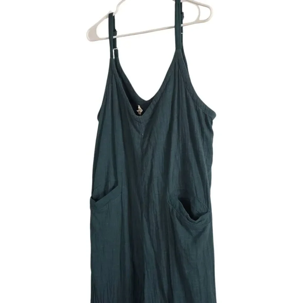 Natural Life Women's Size XL Green Cotton Linen Print V-Neck Wide Leg Jumpsuit